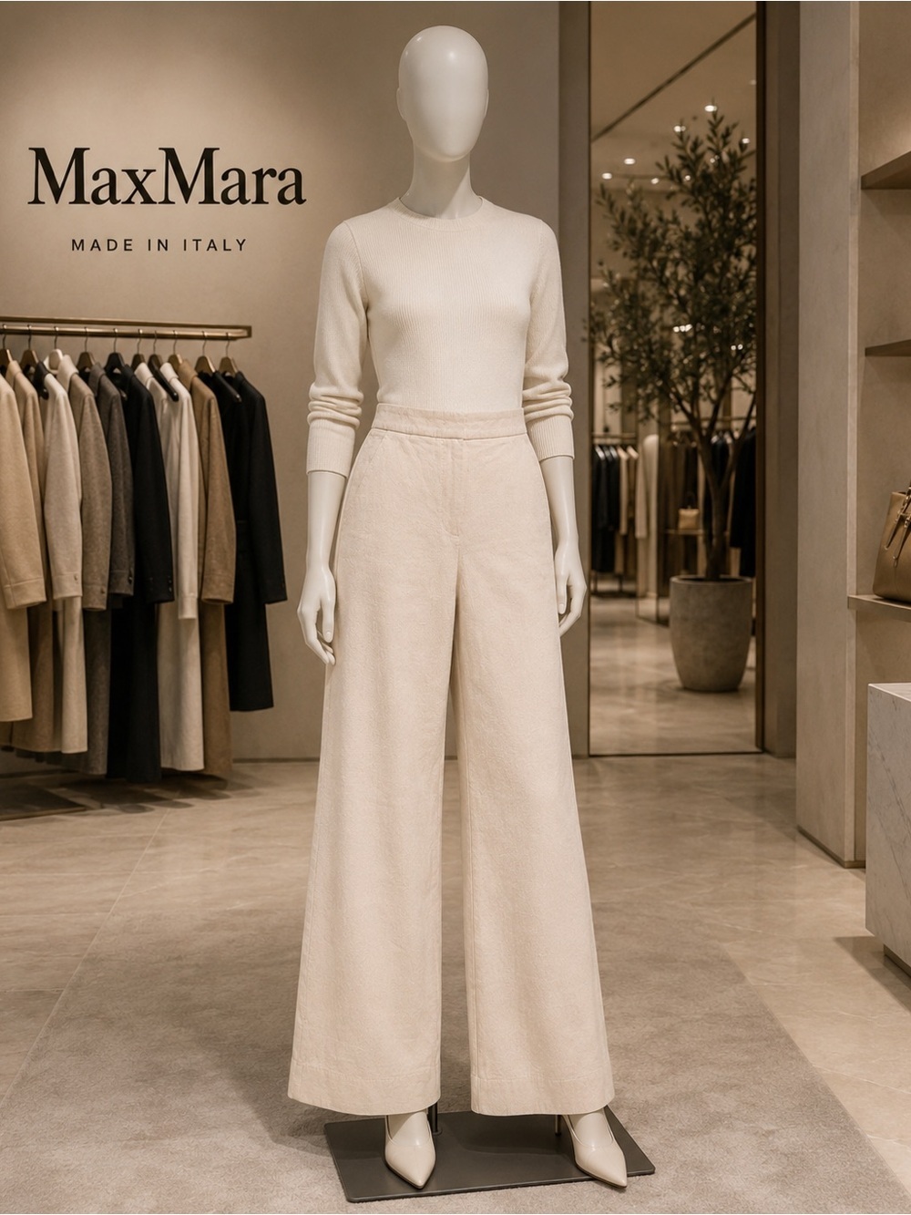 Max Mara Made in Italy Wide Leg Trousers Beige High Rise Heavyweight Size 6 - Picture 1 of 8
